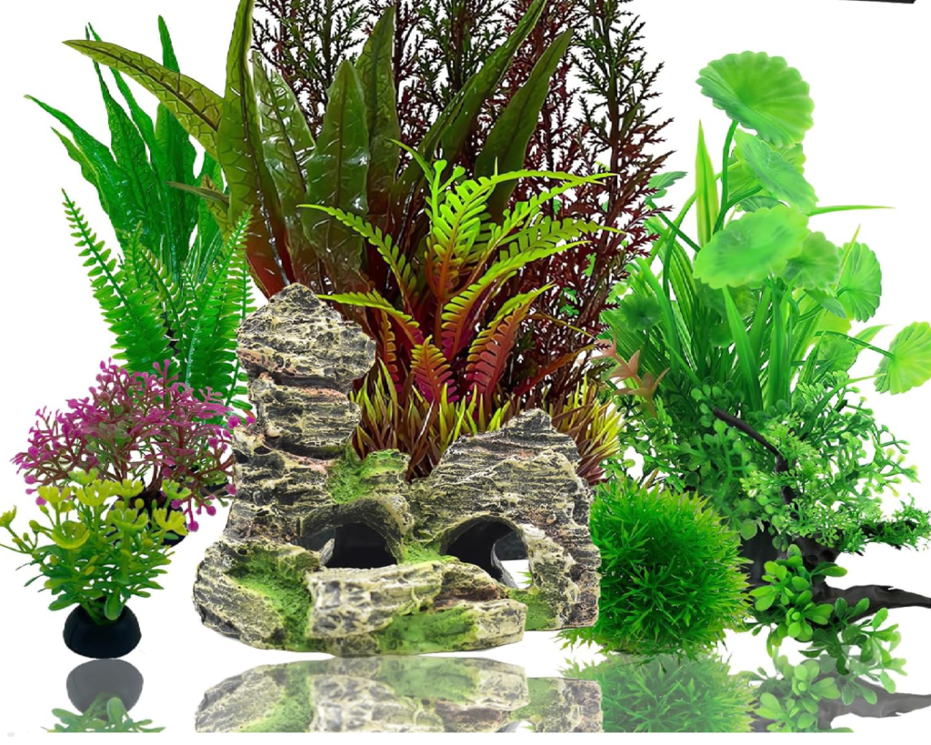 Aquarium Decorations Plants, 9Pcs Artificial Fish Tank Plants and Rock Decor Set